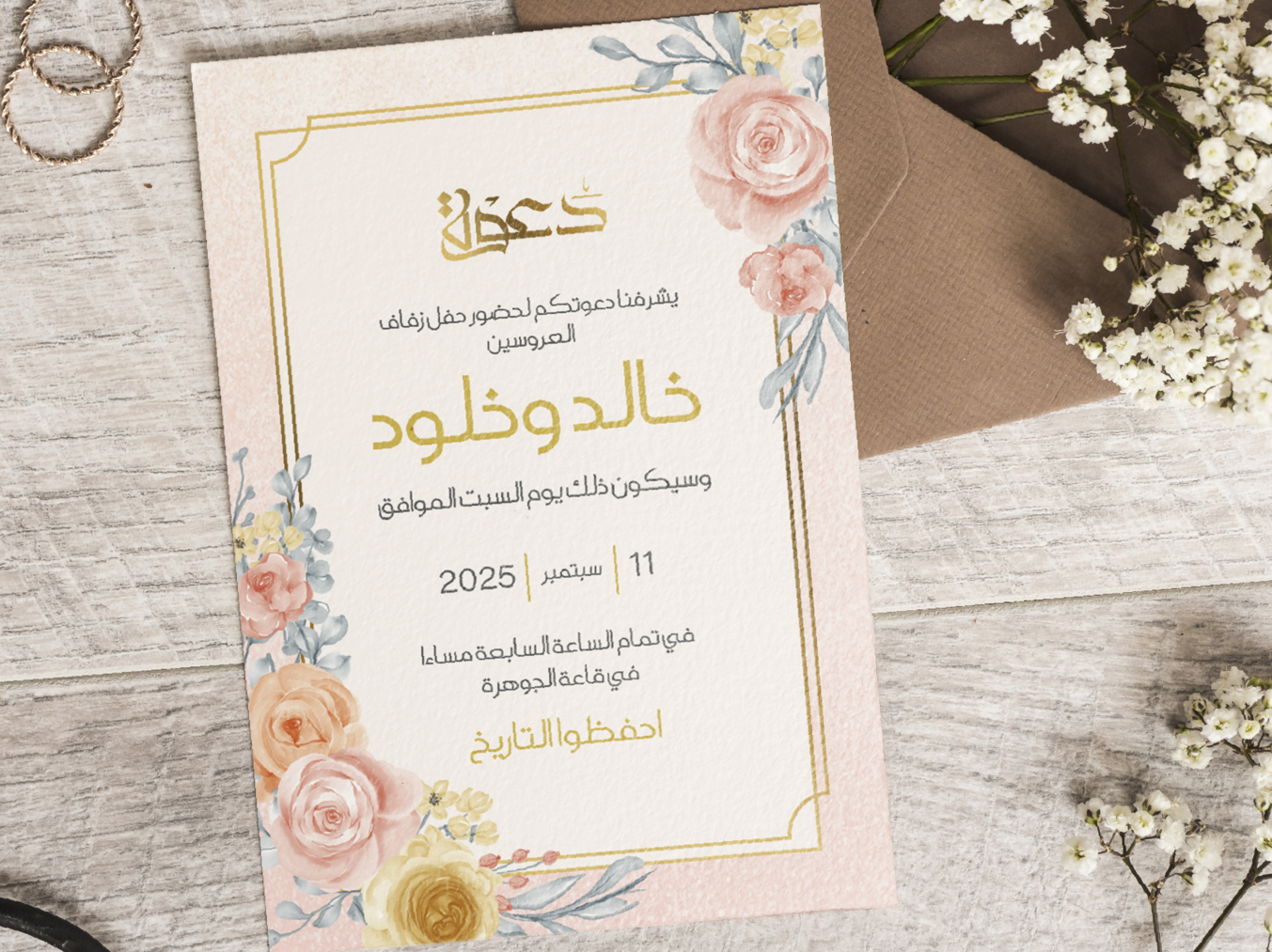 دعوة زفاف مع زهور أنيقة-Wedding card-Takareer